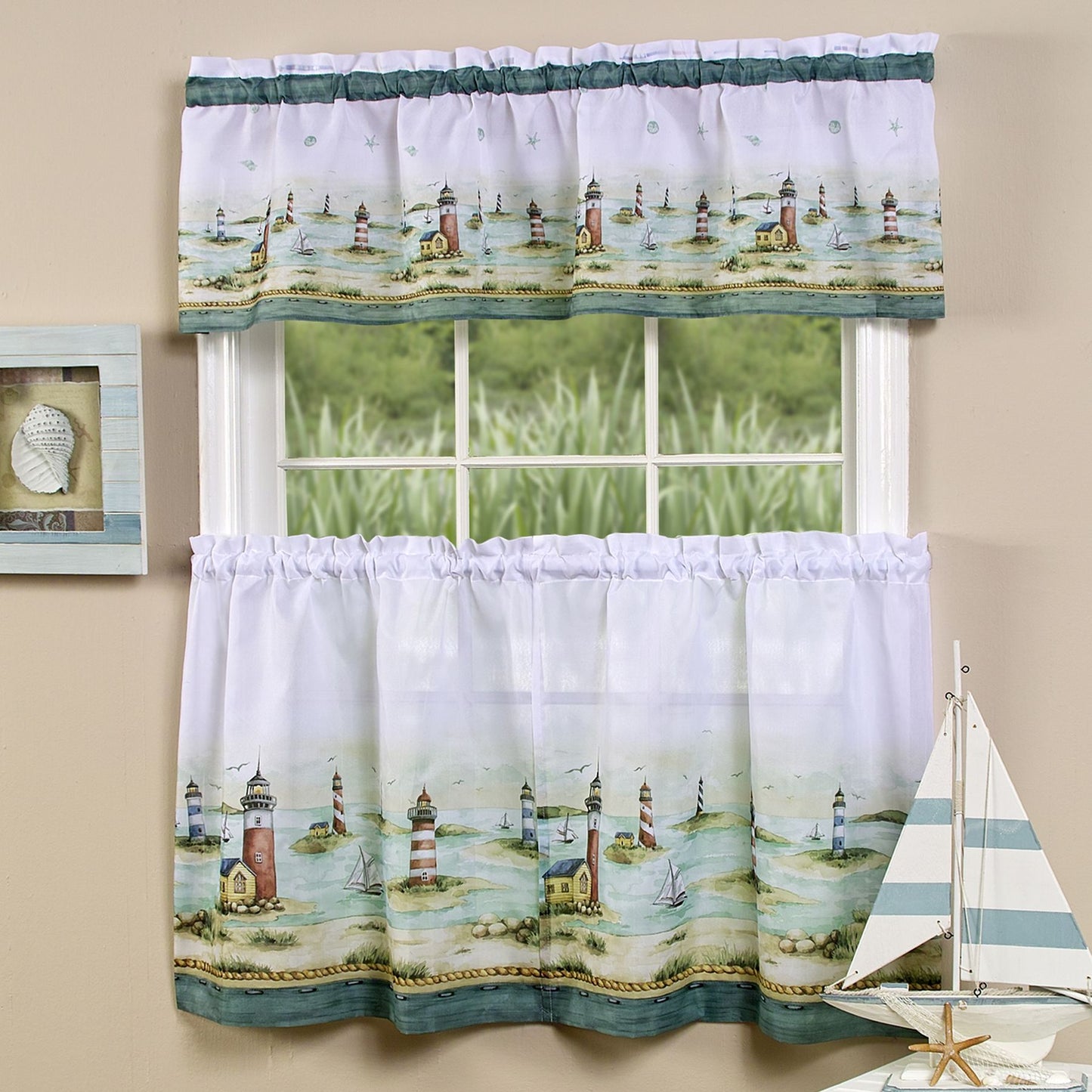 Traditional Elegance Lake House Tier and Valance Window Curtain Set- 58x24 - Sand
