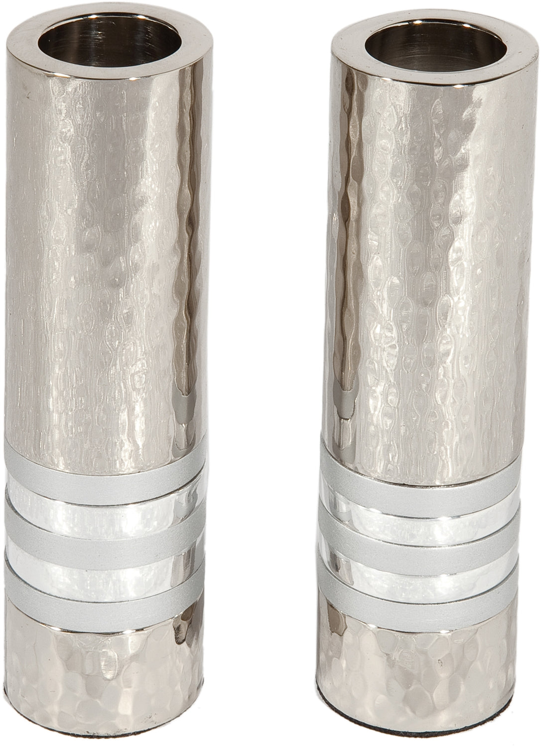 Ben and Jonah Sabbath/Shabbos Cylinder Shaped Hammered Candlesticks - Silver