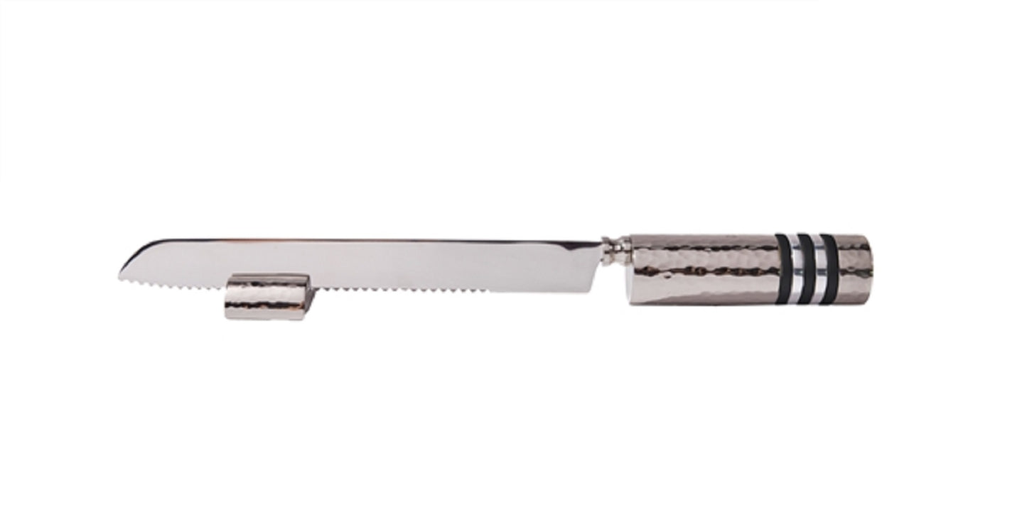 Ben and Jonah Challah Bread Knife with Stand- Hammered Nickel/Black Rings-13"L