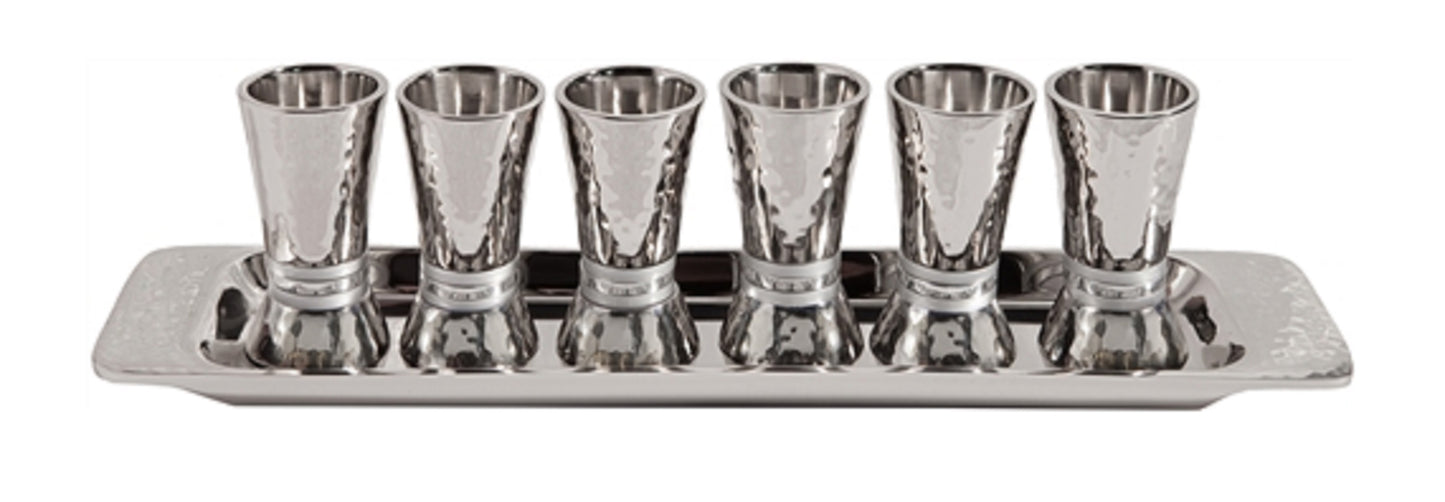 Ben and Jonah Liquor Shot Cups Set-6 with Tray-Highly Polished Hammered Nickel-Silver Rings