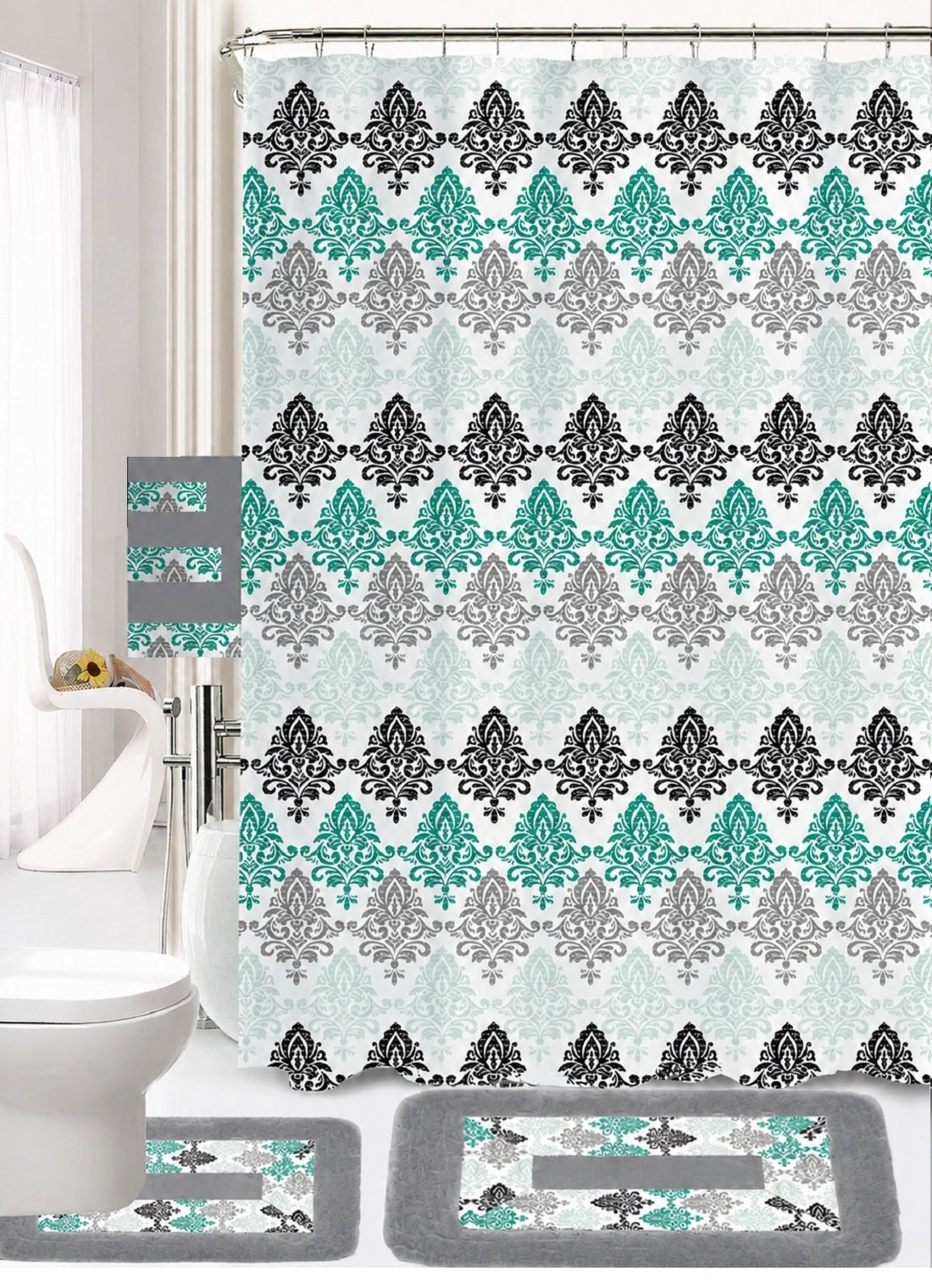 18-Piece Bathroom Set - Total makeover - Includes Fabric Shower Curtain, Bath Rug & Contour Rug, 3 Towels and 12 Hooks