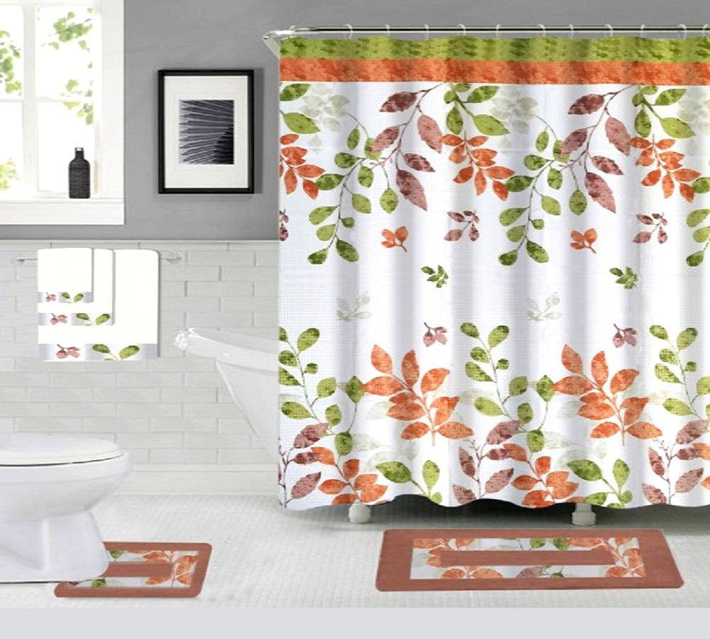 18-Piece Bathroom Set - Total makeover - Includes Fabric Shower Curtain, Bath Rug & Contour Rug, 3 Towels and 12 Hooks