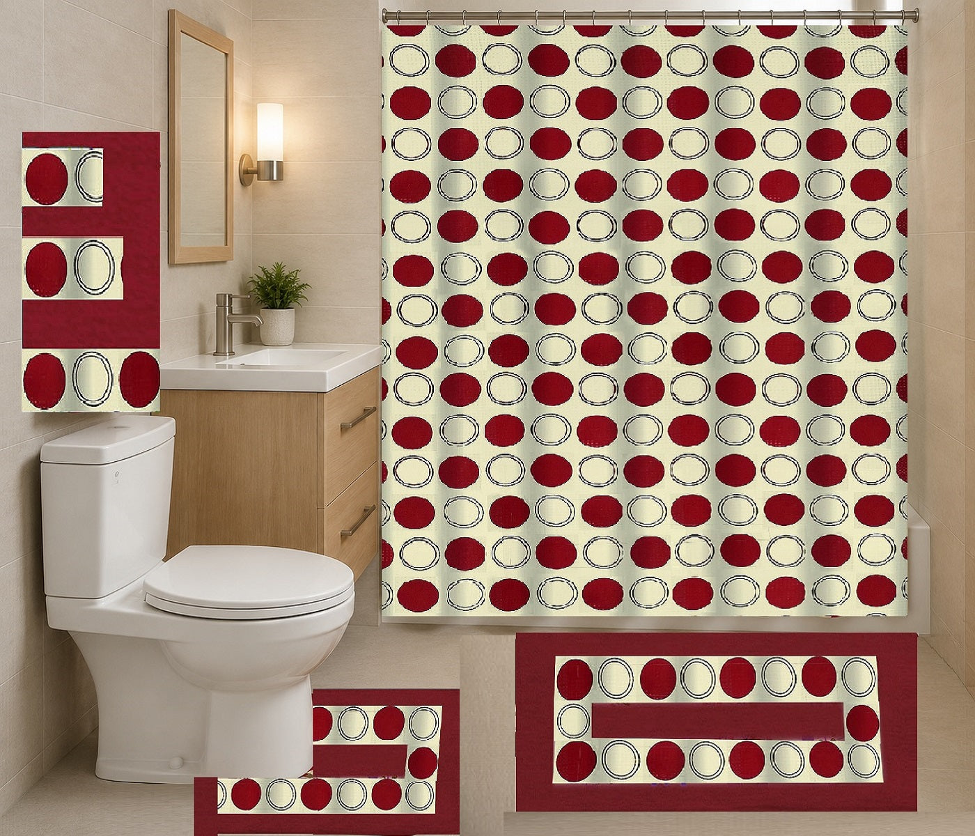 18-Piece Bathroom Set - Total makeover - Includes Fabric Shower Curtain, Bath Rug & Contour Rug, 3 Towels and 12 Hooks
