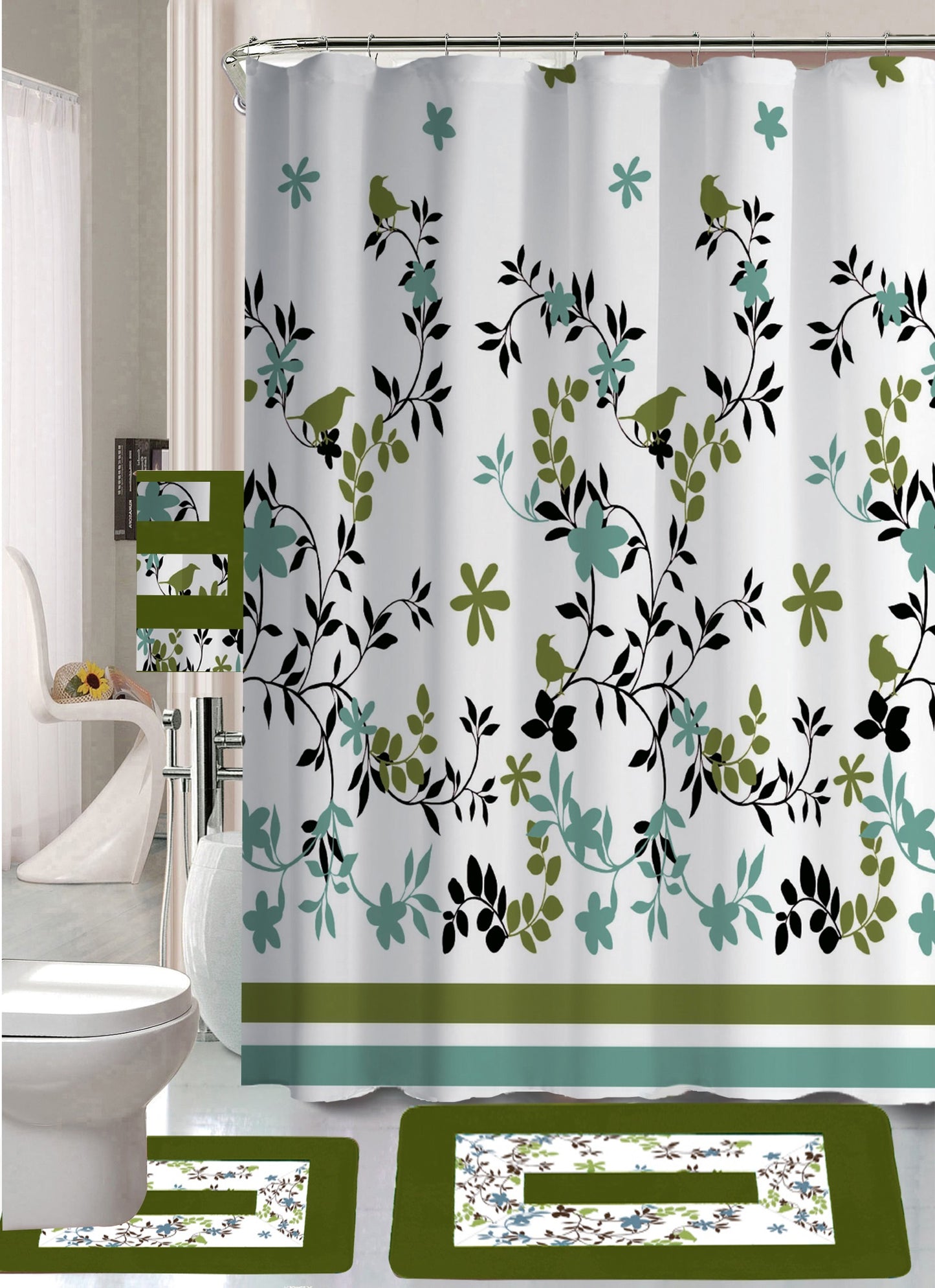 18-Piece Bathroom Set - Total makeover - Includes Fabric Shower Curtain, Bath Rug & Contour Rug, 3 Towels and 12 Hooks