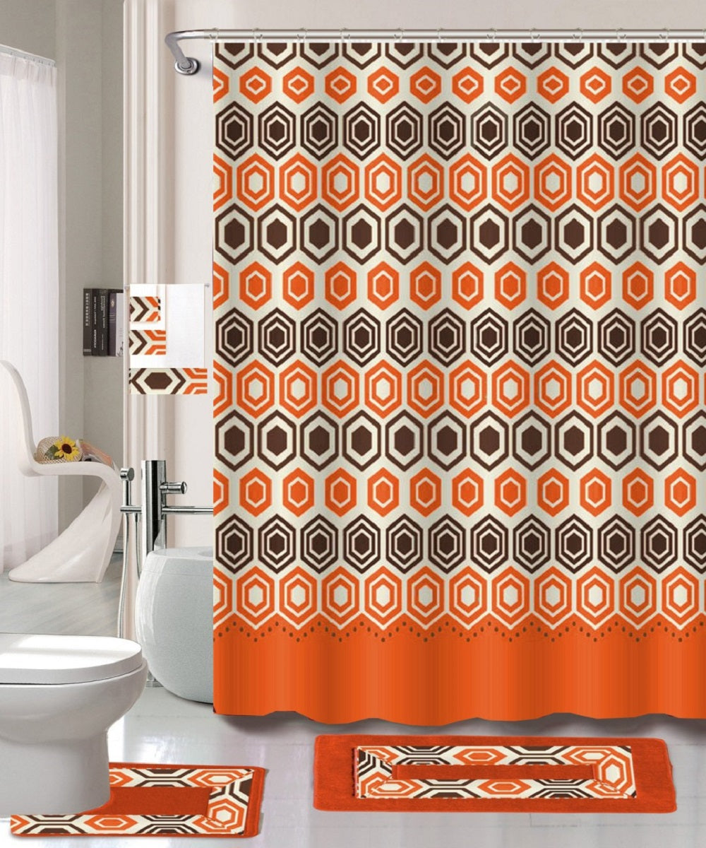 18-Piece Bathroom Set - Total makeover - Includes Fabric Shower Curtain, Bath Rug & Contour Rug, 3 Towels and 12 Hooks