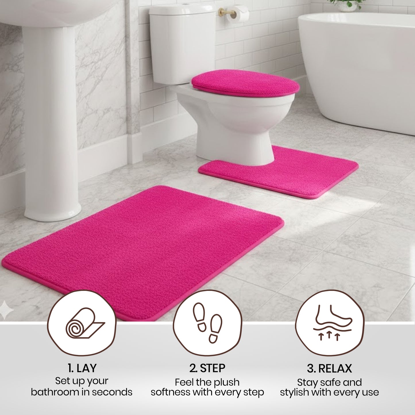 Soft Comfort Plush 3-Piece Bath Rug Set with Non-Skid Backing