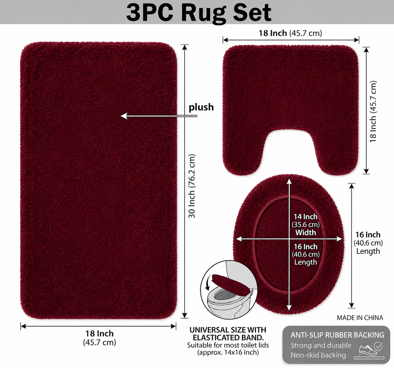 3-Piece Bathroom Rug Set, Soft Microfiber Bath Mat, Contour Rug & Toilet Lid Cover with Non-Slip Backing, Absorbent & Plush