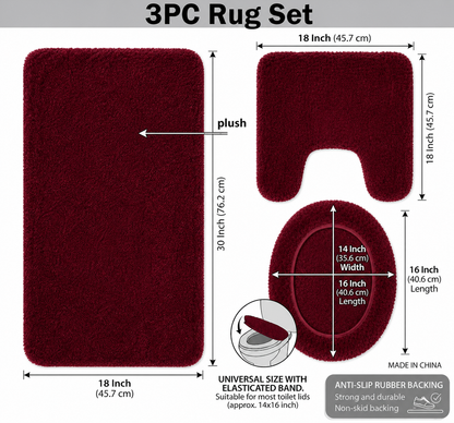 3-Piece Bathroom Rug Set, Soft Microfiber Bath Mat, Contour Rug & Toilet Lid Cover with Non-Slip Backing, Absorbent & Plush