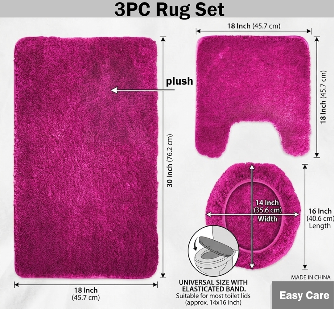 3-Piece Bathroom Rug Set, Soft Microfiber Bath Mat, Contour Rug & Toilet Lid Cover with Non-Slip Backing, Absorbent & Plush
