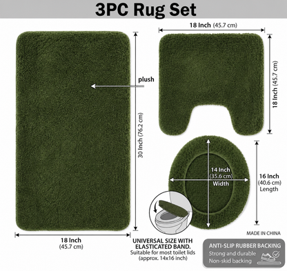 3-Piece Bathroom Rug Set, Soft Microfiber Bath Mat, Contour Rug & Toilet Lid Cover with Non-Slip Backing, Absorbent & Plush