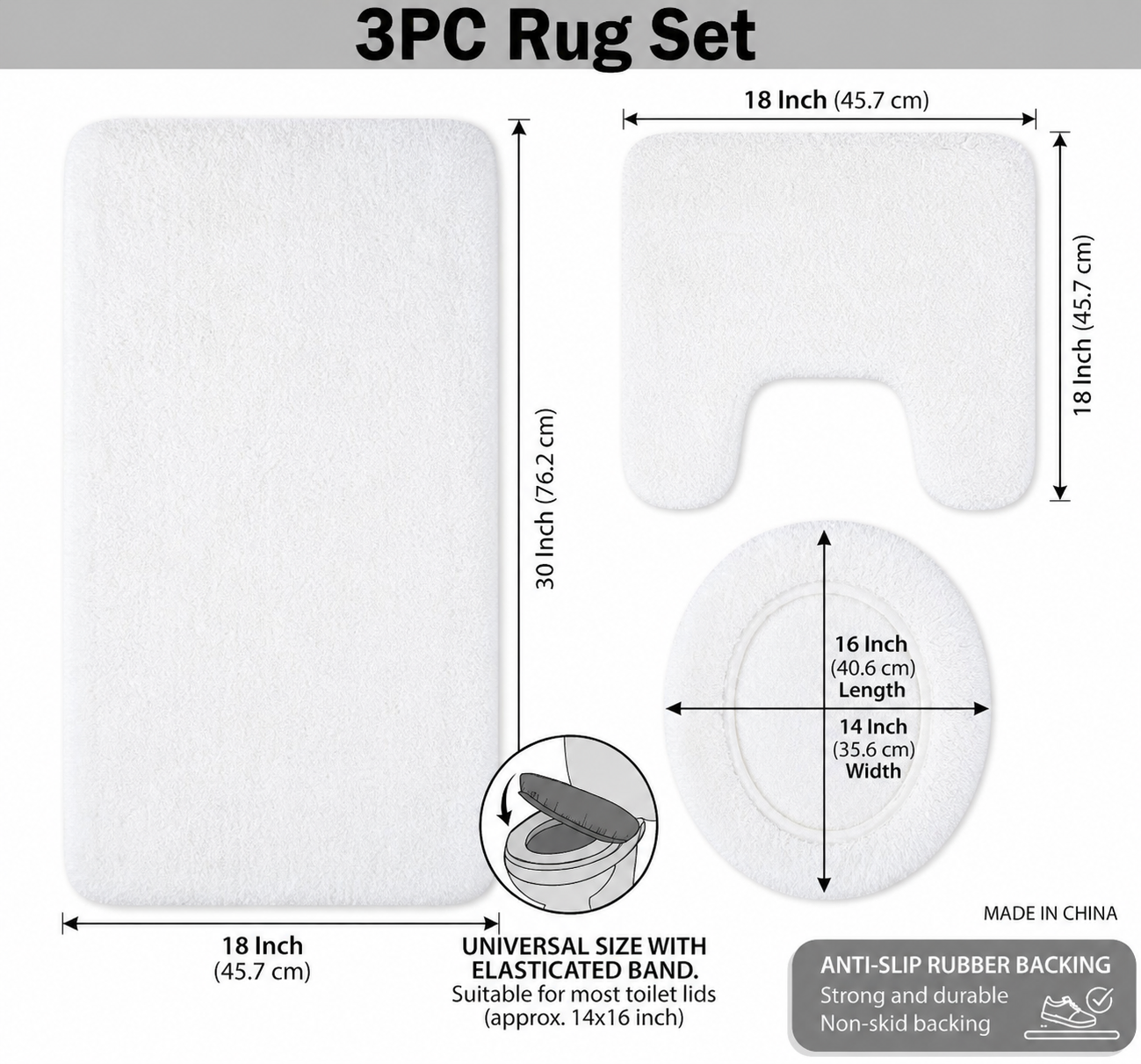 3-Piece Bathroom Rug Set, Soft Microfiber Bath Mat, Contour Rug & Toilet Lid Cover with Non-Slip Backing, Absorbent & Plush