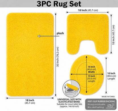 3-Piece Bathroom Rug Set, Soft Microfiber Bath Mat, Contour Rug & Toilet Lid Cover with Non-Slip Backing, Absorbent & Plush