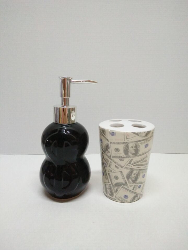 Royal Bath Novelty It's All About the Benjamins 2 Piece Ceramic Bath Set: 1 Lotion Pump and 1 Toothbrush Holder - Black