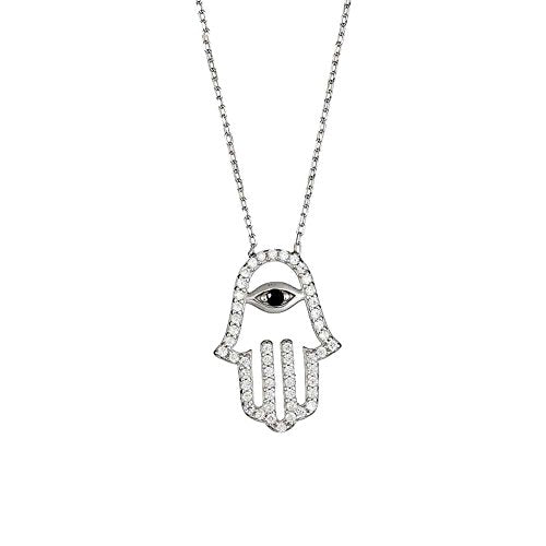 Ben and Jonah 925 Sterling Silver Rhodium Plated CZ Hamsa with Center Dark Blue Evil Eye on an 18 inch  Chain