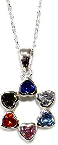 Silver Star of David With Hearts Pendant with Multi Color Stones NecklaceÂ - Chain 18 inch  Pendant 3/4 inch W X 3/4 inch H