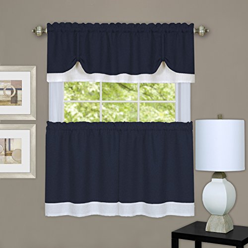 Sally Elegance Double Layered 3 Piece Tier (58 inch  x 36 inch ) and Valance (58 inch  x 14 inch ) Set - Navy