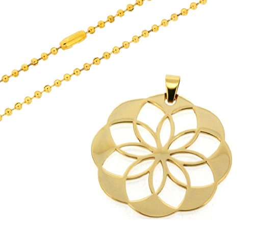 Ben and Jonah Stainless Steel Flower Design Pendant with 24 inch  Bead Chain Gold Plated