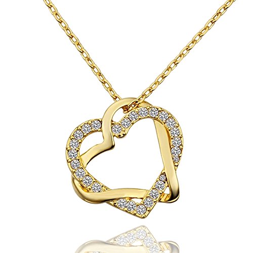 Lady's Brass Gold Plated Intertwined Heart Pendant Necklace with Clear Swarovski Elements Stones (45cm + 5cm Extension)