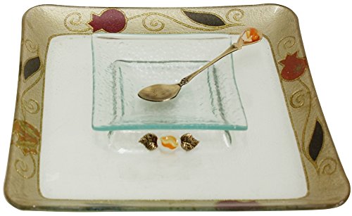 L'Shanah Tovah Happy&Healthy Honey Dish Plate Square Design - Pomegranate - Tray 9.5 inch X9.5 inch  D - Bowl 4.5X4.5 inch 
