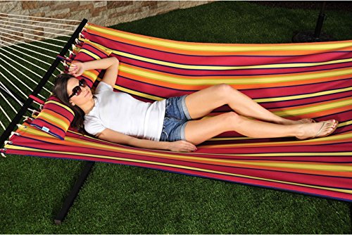 Patio Bliss Oversized Hammock with Spreader Bars and Pillow DOUBLE LAYER - Sun Stripe (Red Orange & Yellow Stripes)