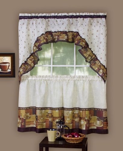 Park Avenue Collection Coffee - Printed Tier and Swag Set - 57x24 Tier Pair/57x30 Swag - Multi