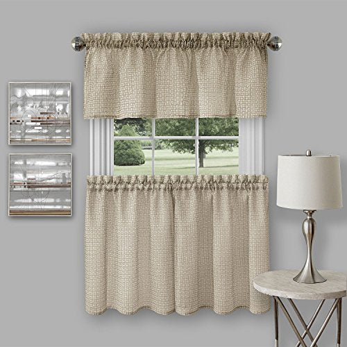 Ben&Jonah Collection Richmond Window Kitchen Curtain Tier Pair and Valance Set - 58 x 36/58x14 - Tan