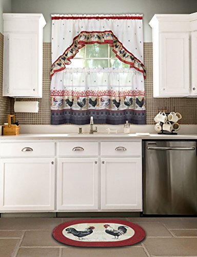 Ben&Jonah Collection Rooster - Printed Tier and Swag Window Curtain Set - 57x24 - Burgundy