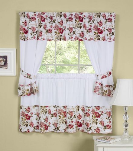 Ben&Jonah Collection Wisteria Embellished Cottage Window Curtain Set - 58x24 Tailored Tier Pair/58x36 Tailored Topper with attached swaggers and tiebacks. - Rose