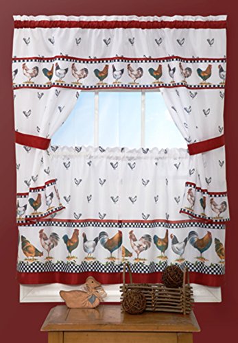 Ben&Jonah Collection Top of the Morning Cottage Window Curtain Set - 57x36 Tier Pair/57x36 Tailored Topper with attached valance and tiebacks. - Black/White