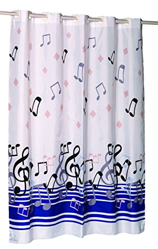 Royal Bath Easy On No Hooks Needed Extra Long (72 inch  x 84 inch ) Fabric Shower Curtain with Built in Hooks - Blue Note