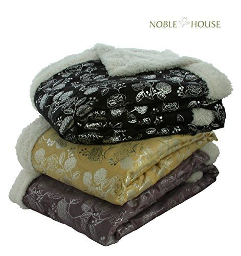 Ben&Jonah Designer Plush Silver Flower Sherpa Throw Blanket (50 inch  x 60 inch ) - Grey