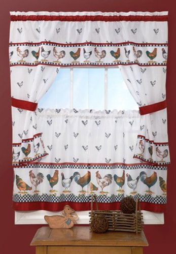 Park Avenue Collection Top of the Morning Cottage Set - 57x36 Tier Pair/57x36 Tailored Topper with attached valance and tiebacks. - Black/White