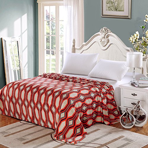 Ben&Jonah Designer Plush Queen LaurenÂ Micro Fleece Jacquard Blanket -Orange Geometric