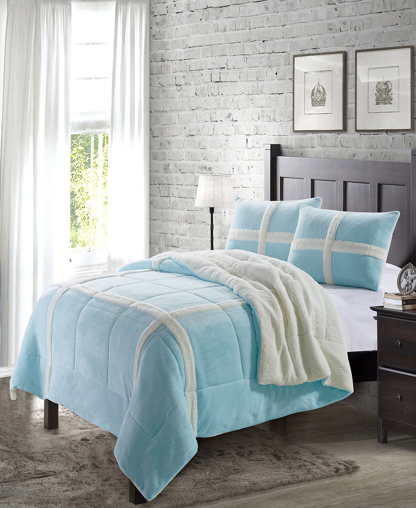 Simple Elegance by Ben&Jonah 3 Piece King Size Flannel Blanket Set with Sherpa Backing (102" x 90") - Light Blue