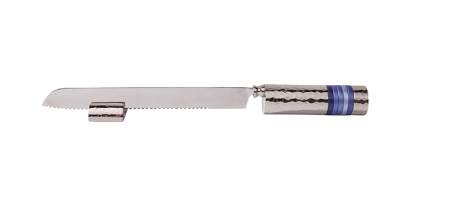Ben and Jonah Stainless Steel Challah Bread Knife with Stand- Hammered Nickel/Blue Rings-13"L