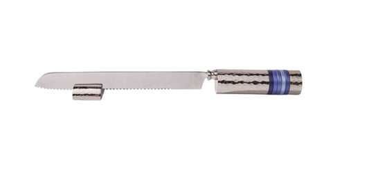 Ben and Jonah Stainless Steel Challah Bread Knife with Stand- Hammered Nickel/Blue Rings-13"L