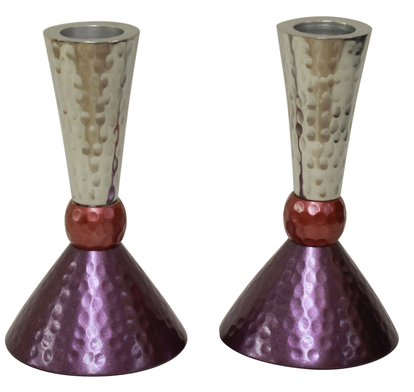 Ben and Jonah Sabbath/Shabbos Candlesticks-Hammered Nickel Plated Pink Purple- 4.75"H.