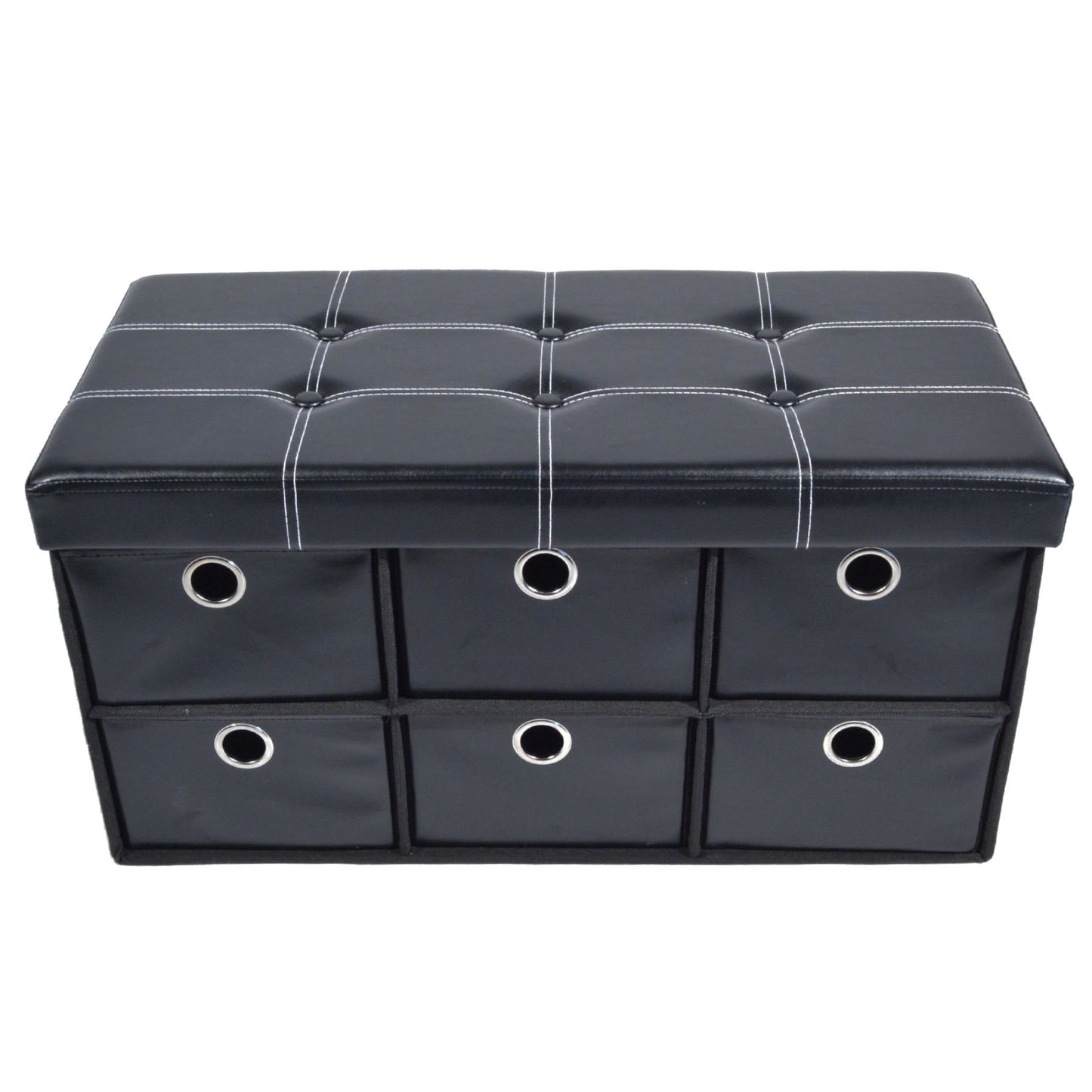Traditional Elegance Collapsible 6 Drawer Storage Ottoman - Black Faux Leather 30x15x15