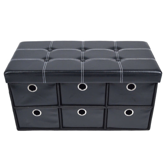 Traditional Elegance Collapsible 6 Drawer Storage Ottoman - Black Faux Leather 30x15x15