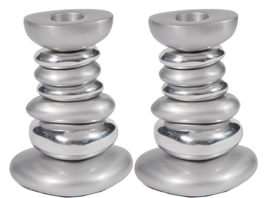 Ben and Jonah Sabbath/Shabbos Metal Candlesticks - Anodized Aluminum Stone Tower Candlesticks - Silver - 4.5" x 2.5" x 3.3"