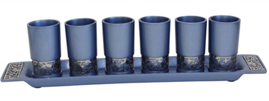 Ben and Jonah Liquor Shot Cups Set- 6 Cups with Tray- Blue with Silver Metal Decorative Cutouts