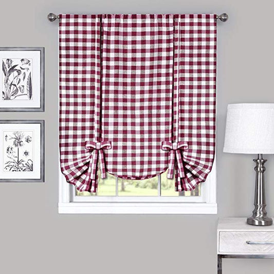 Traditional Elegance Buffalo Check Window Curtain Tie Up Shade - 42x63 - Burgundy