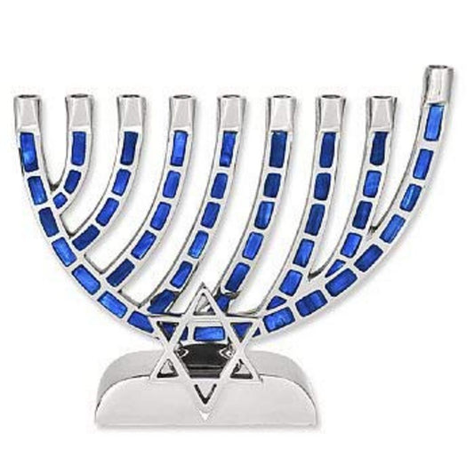 Ben&Jonah Blue Jeweled Mosaic Aluminum Menorah with Star of David-Magen David-9" L x 6 1/4" H