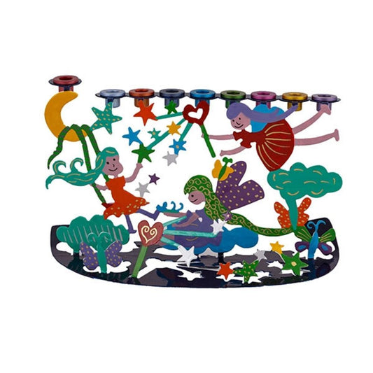 Ben&Jonah Children's Chanukah Menorah - Laser Cut - Hand Painted - Fairies  - 9" x 4" x 4.75"