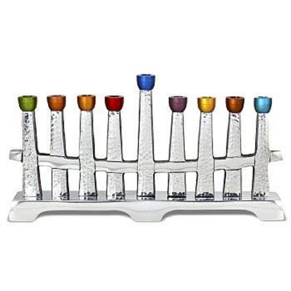 Ben&Jonah Polished Aluminum Metal Menorah with Colored Caps-Hammered Look-11 L x 6" H