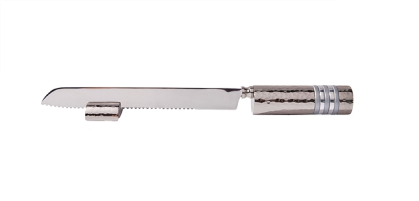 Ben and Jonah Challah Bread Knife with Stand- Hammered Nickel/Silver Rings-13"L
