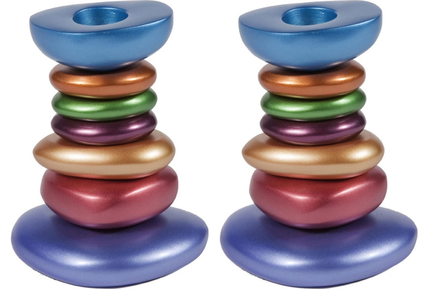Ben and Jonah Sabbath/Shabbos Metal Candlesticks - Anodized Aluminum Stone Tower Candlesticks - Multicolor - 4.5" x 2.5" x 3.3"