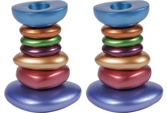 Ben and Jonah Sabbath/Shabbos Metal Candlesticks - Anodized Aluminum Stone Tower Candlesticks - Multicolor - 4.5" x 2.5" x 3.3"