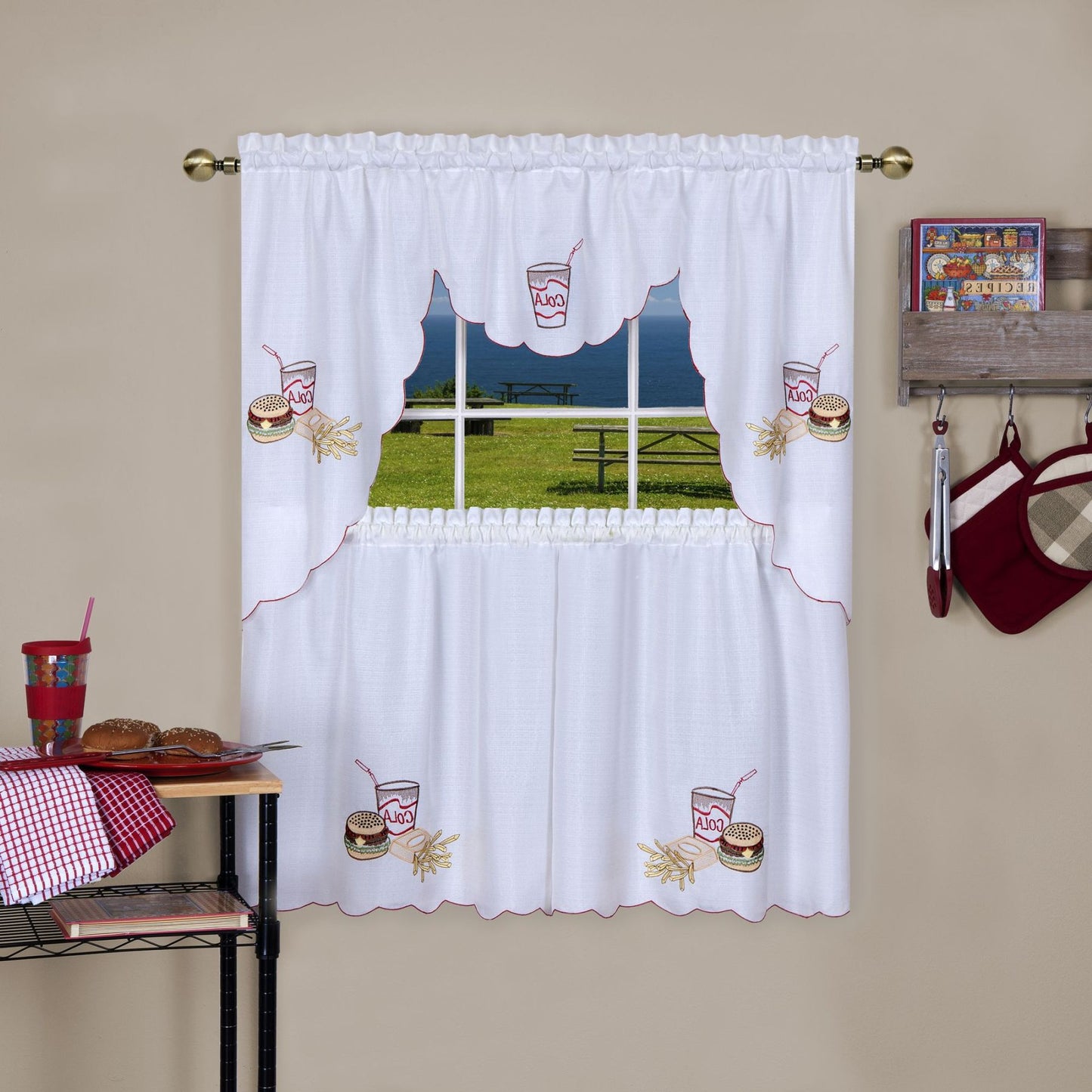 Traditional Elegance Fast Food Embellished Tier and Swag Window Curtain Set - 58x24