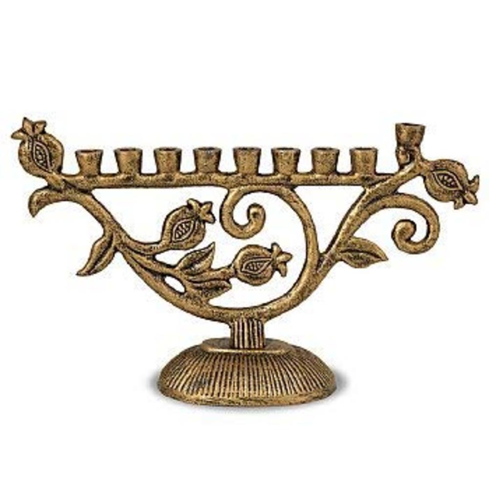 Ben&Jonah Aluminum Metal Menorah with Antique Brass Finish-Pomegranate Design-10 L x 6" H
